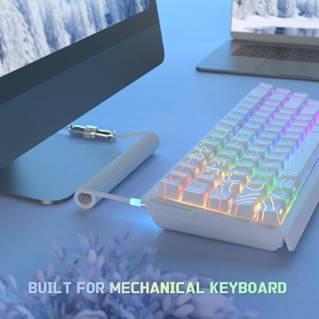 Attack Shark C01 Ultra Custom Coiled USB C to A Cable for Mechanical Keyboard,RGB Light Plug,Double-Sleeved Gaming Cable with Detachable Metal Aviator,for Popular Gaming Consoles Keyboard Mouse-White