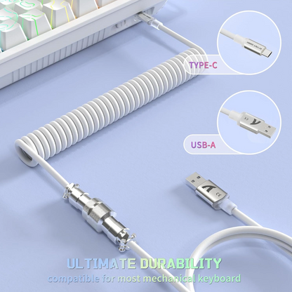 Attack Shark C01 Ultra Custom Coiled USB C to A Cable for Mechanical Keyboard,RGB Light Plug,Double-Sleeved Gaming Cable with Detachable Metal Aviator,for Popular Gaming Consoles Keyboard Mouse-White