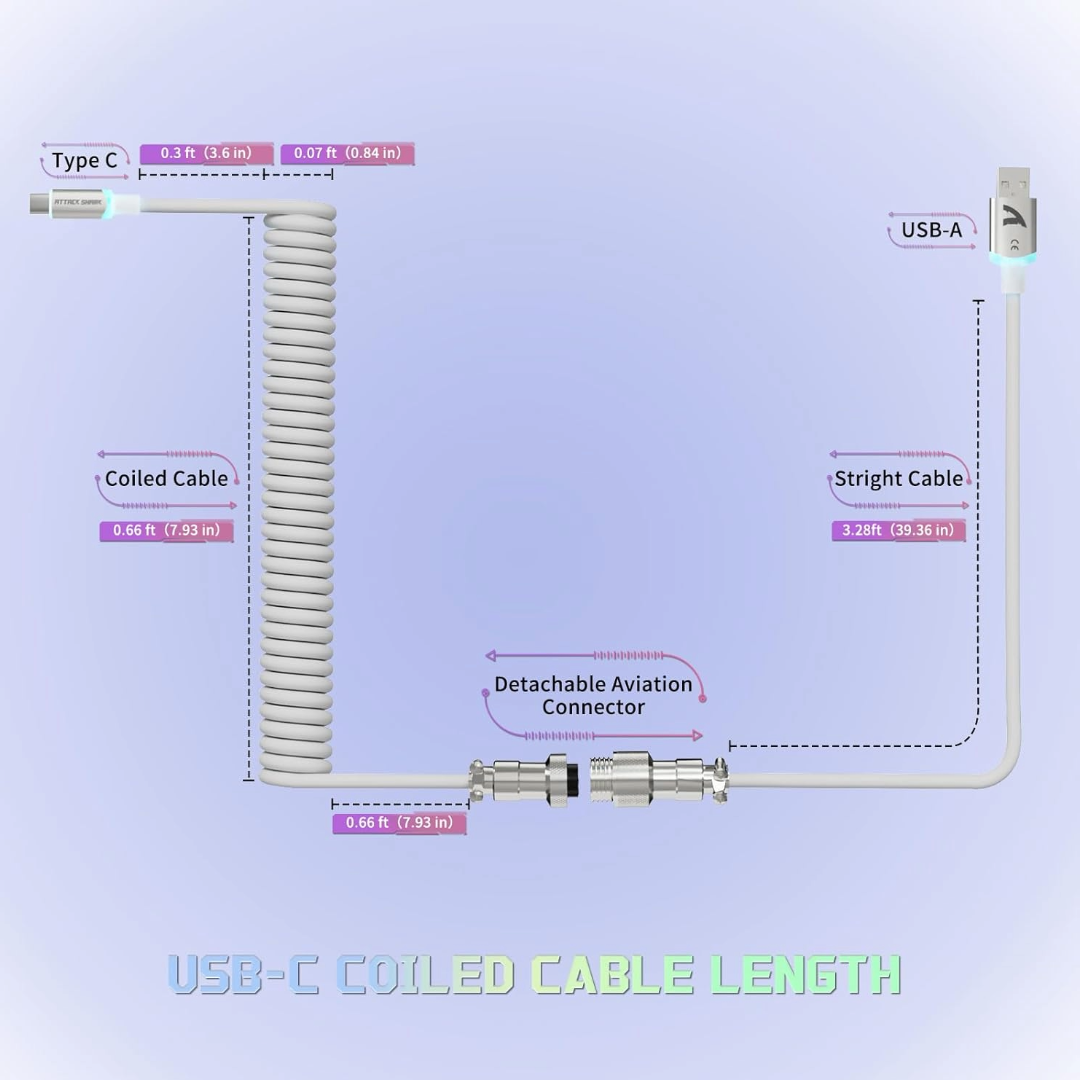 Attack Shark C01 Ultra Custom Coiled USB C to A Cable for Mechanical Keyboard,RGB Light Plug,Double-Sleeved Gaming Cable with Detachable Metal Aviator,for Popular Gaming Consoles Keyboard Mouse-White