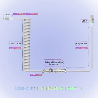 Attack Shark C01 Ultra Custom Coiled USB C to A Cable for Mechanical Keyboard,RGB Light Plug,Double-Sleeved Gaming Cable with Detachable Metal Aviator,for Popular Gaming Consoles Keyboard Mouse-White