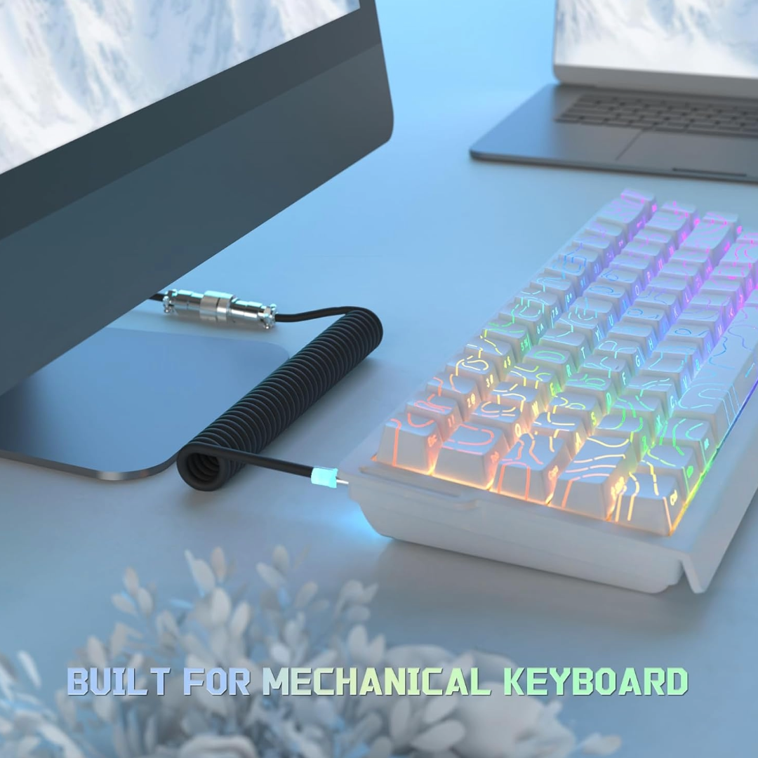 Attack Shark C01 Ultra Custom Coiled USB C to A Cable for Mechanical Keyboard,RGB Light Plug,Double-Sleeved Gaming Cable with Detachable Metal Aviator,for Popular Gaming Consoles Keyboard Mouse-Black