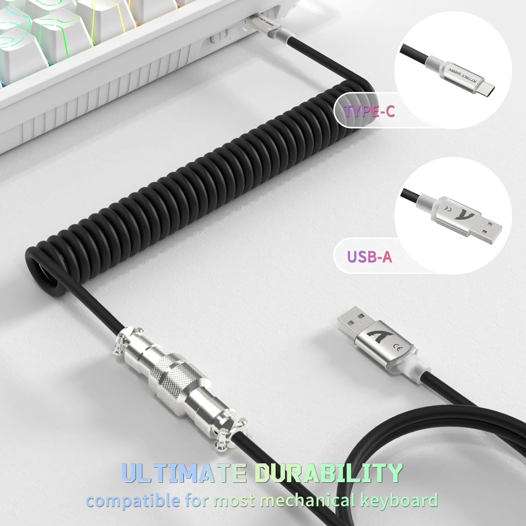 Attack Shark C01 Ultra Custom Coiled USB C to A Cable for Mechanical Keyboard,RGB Light Plug,Double-Sleeved Gaming Cable with Detachable Metal Aviator,for Popular Gaming Consoles Keyboard Mouse-Black