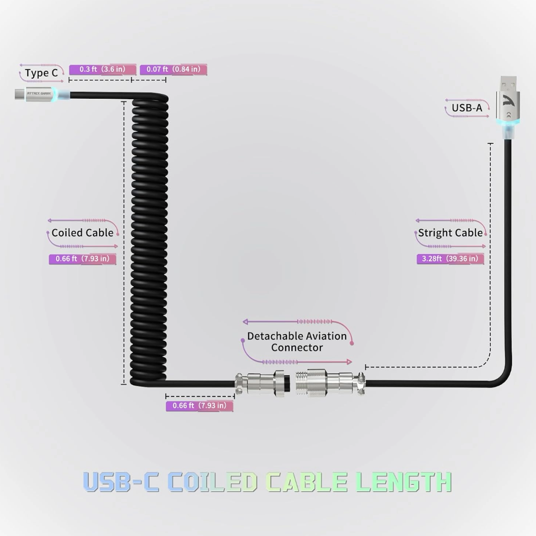 Attack Shark C01 Ultra Custom Coiled USB C to A Cable for Mechanical Keyboard,RGB Light Plug,Double-Sleeved Gaming Cable with Detachable Metal Aviator,for Popular Gaming Consoles Keyboard Mouse-Black
