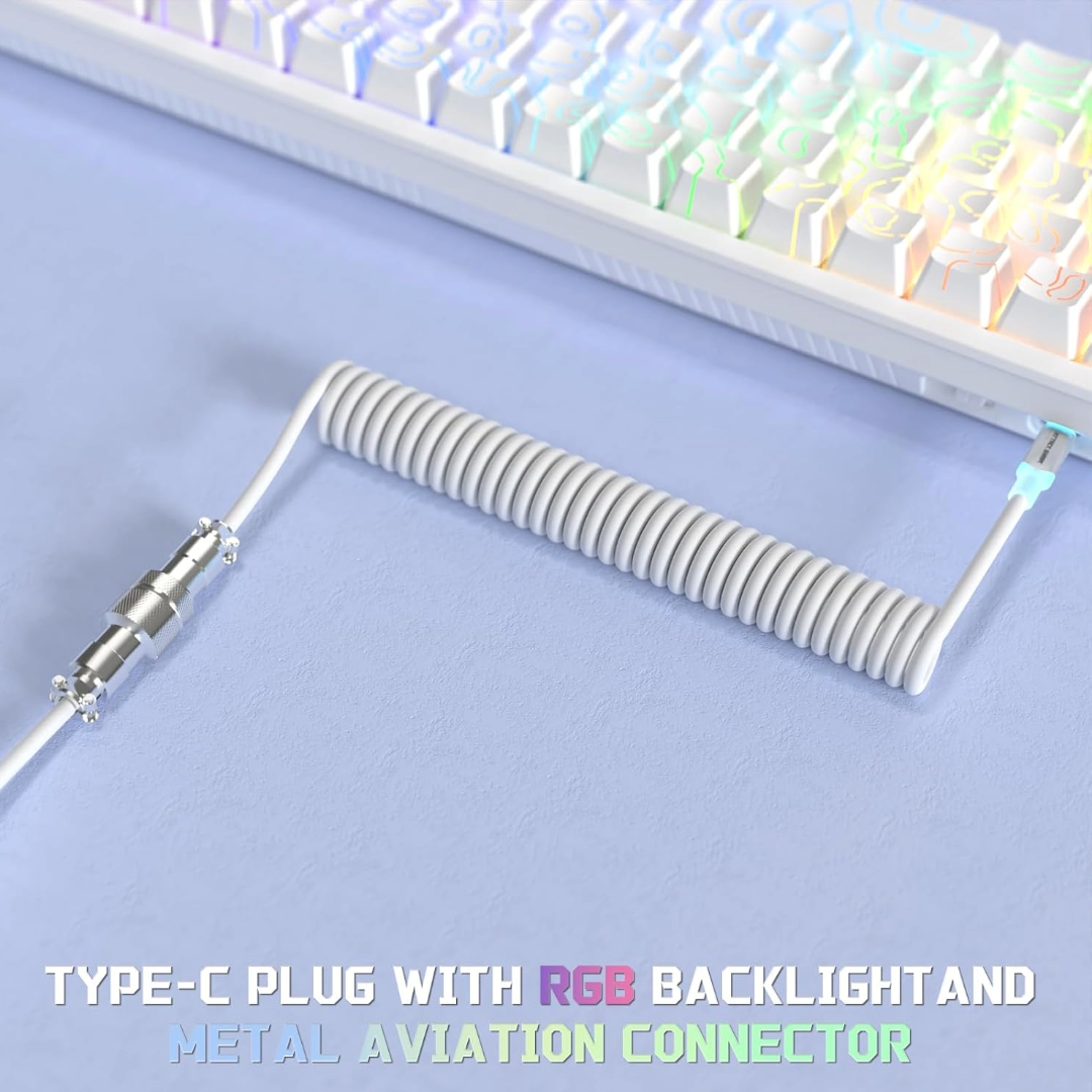 Attack Shark C01 Ultra Custom Coiled USB C to A Cable for Mechanical Keyboard,RGB Light Plug,Double-Sleeved Gaming Cable with Detachable Metal Aviator,for Popular Gaming Consoles Keyboard Mouse-White